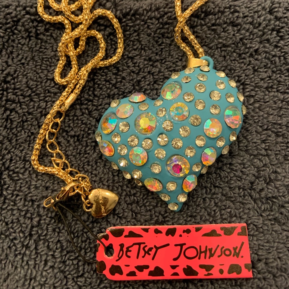 1/2 off sale!  BJ necklace, turquoise heart covered by large/ small rhinestones.